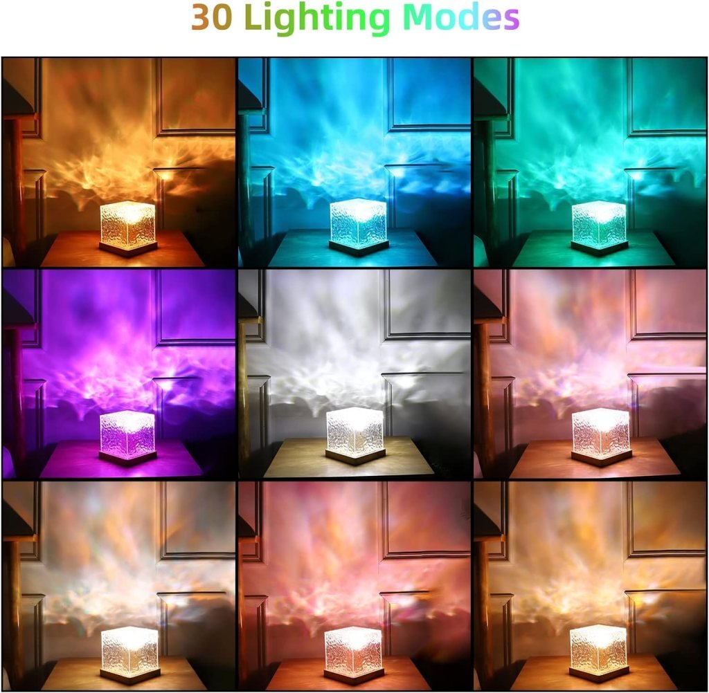 Night Lamp, Romantic Projector Warm Ocean Wave Water Sixteen LED Night Light Projector 3D Water Wave Effect, Remote Control. Table Lamp for Home Décor, Bedroom & Gift, Multicolor Light (Cube Shape). - Image 2