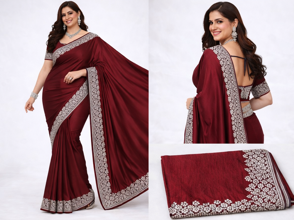 Royal Blue Satin Silk Embroidered Border Saree Only Rs. 711/- - Image 3