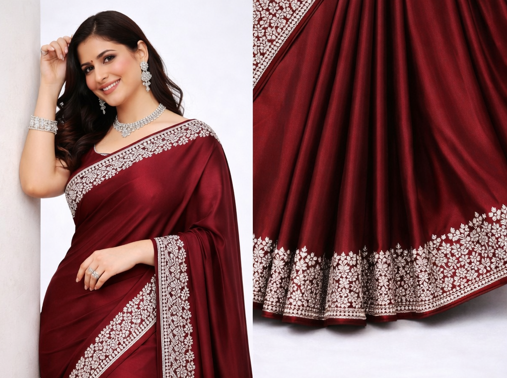 Royal Blue Satin Silk Embroidered Border Saree Only Rs. 711/- - Image 5