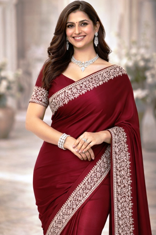 Royal Blue Satin Silk Embroidered Border Saree Only Rs. 711/- - Image 14