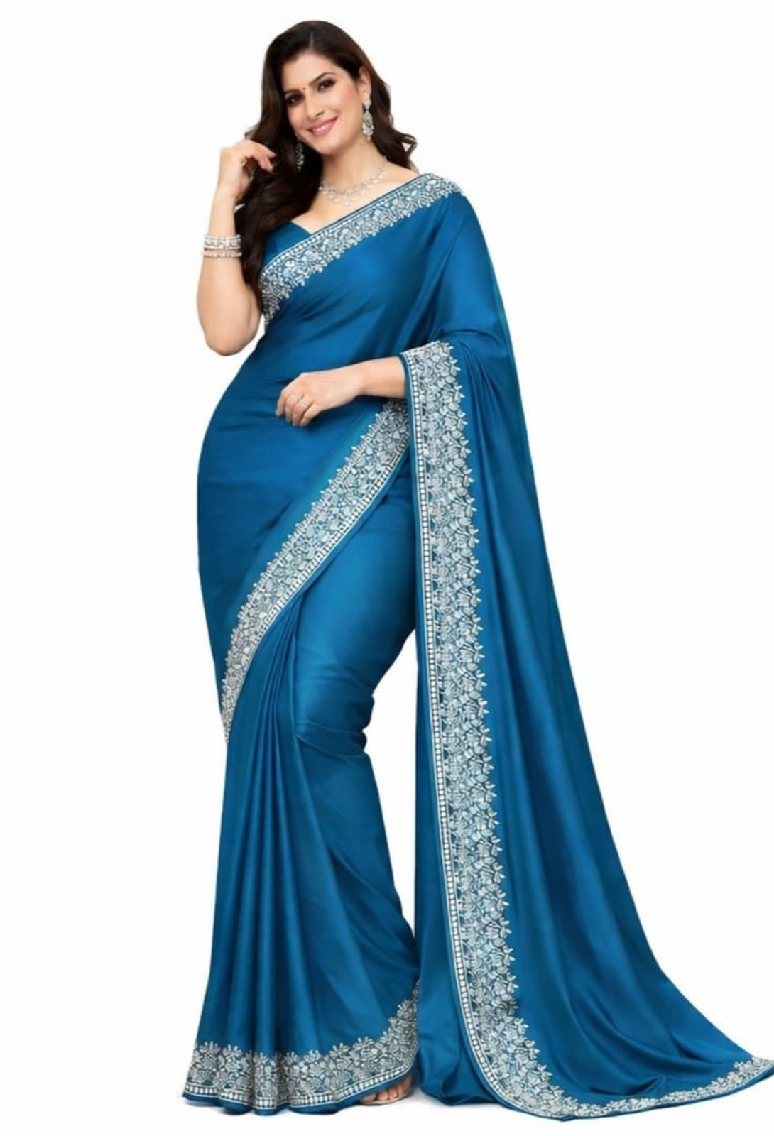 Royal Blue Satin Silk Embroidered Border Saree Only Rs. 711/- - Image 2