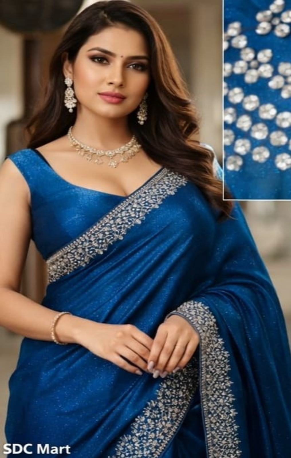 Royal Blue Satin Silk Embroidered Border Saree Only Rs. 711/- - Image 6