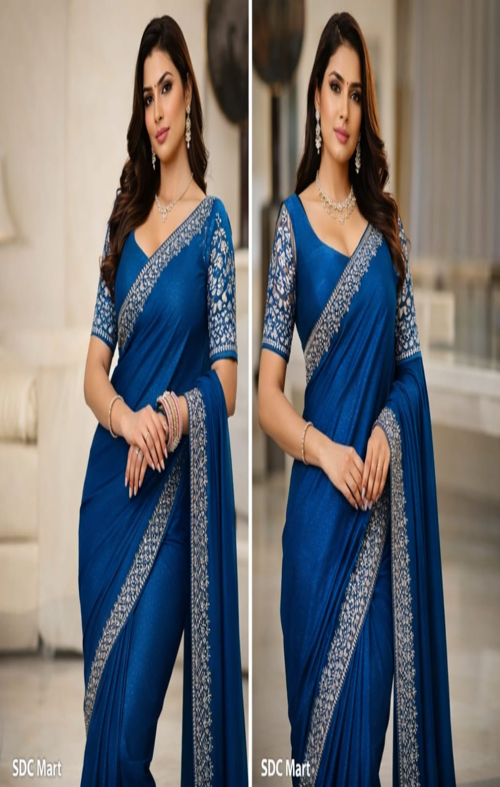 Royal Blue Satin Silk Embroidered Border Saree Only Rs. 711/- - Image 11