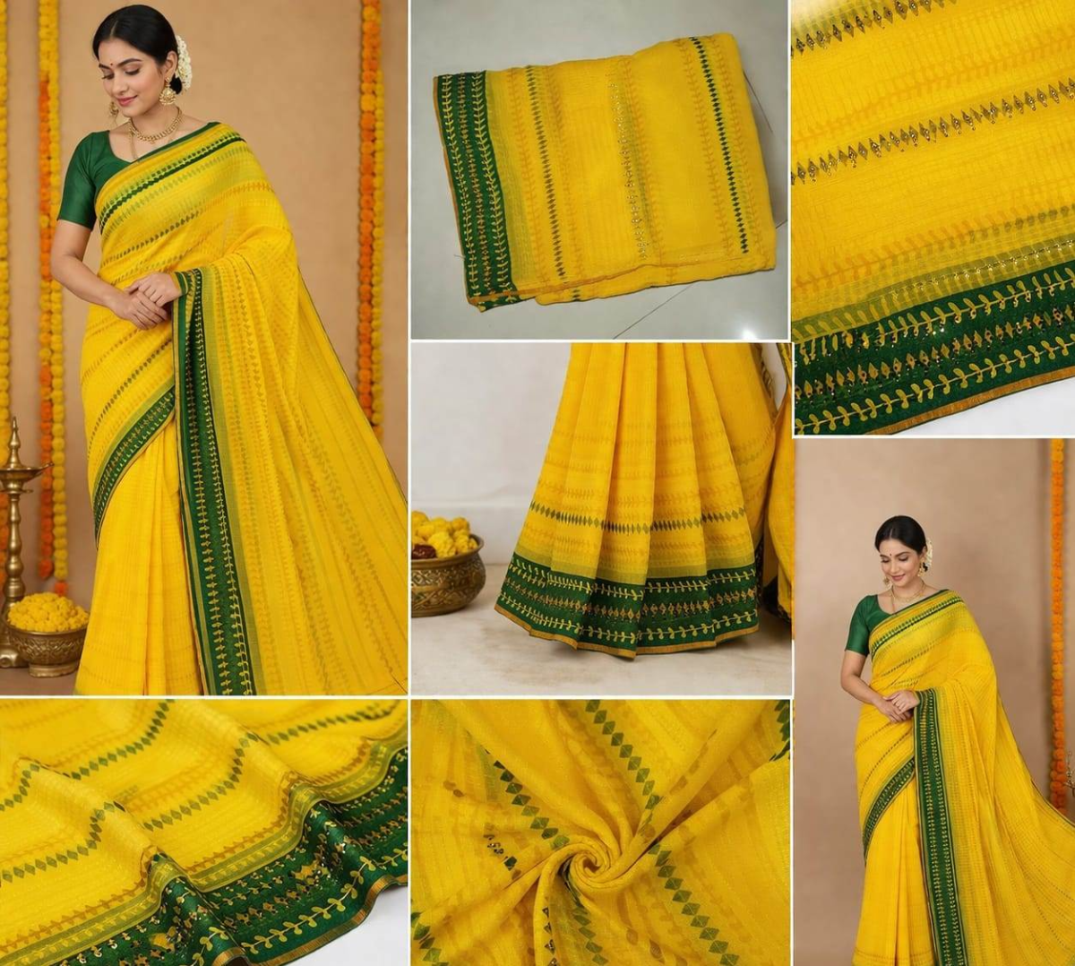 Haladi Special Saree -Trending Turmeric Yellow Saree with Contrast Forest Green Border Only Rs.799/- - Image 2