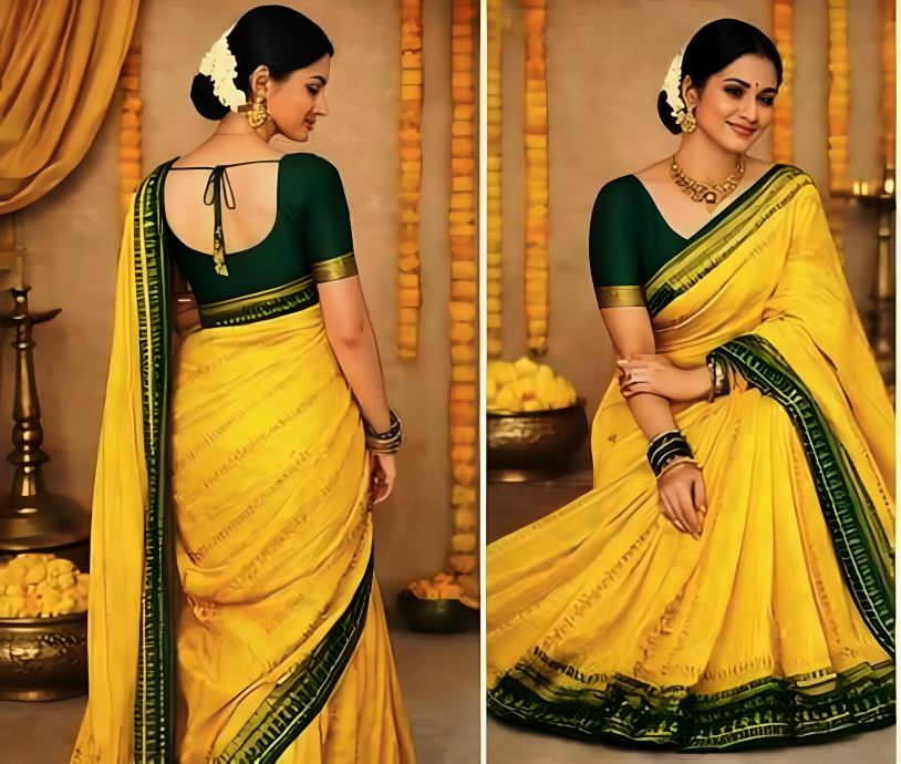 Haladi Special Saree -Trending Turmeric Yellow Saree with Contrast Forest Green Border Only Rs.799/- - Image 5