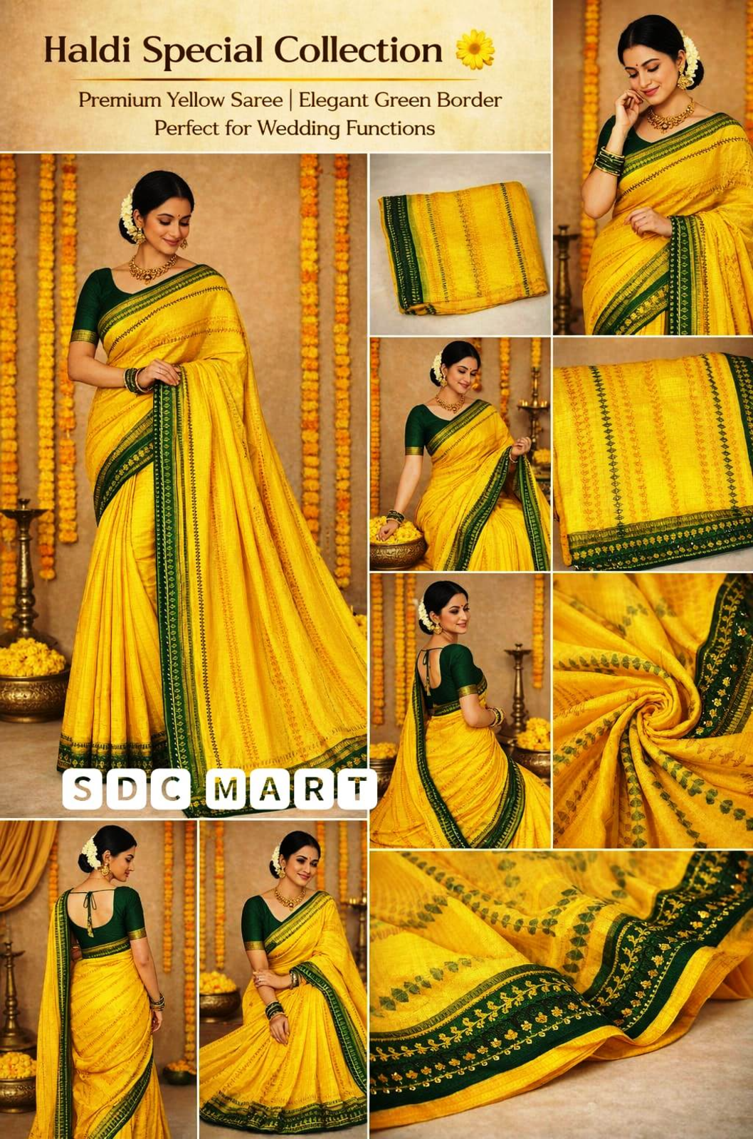 Haladi Special Saree -Trending Turmeric Yellow Saree with Contrast Forest Green Border Only Rs.799/- - Image 9