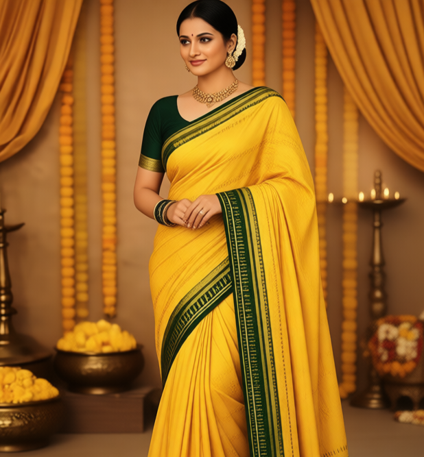 Haladi Special Saree -Trending Turmeric Yellow Saree with Contrast Forest Green Border Only Rs.799/- - Image 7