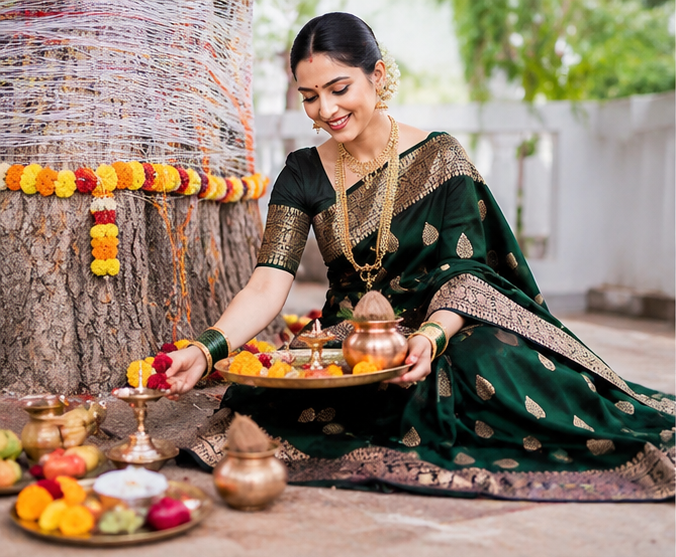 Samruddhi Collection Dark Green Banarasi Silk Saree with Rich Zari Border Only Rs. 799/- - Image 5