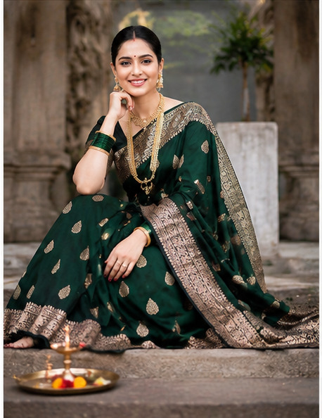 Samruddhi Collection Dark Green Banarasi Silk Saree with Rich Zari Border Only Rs. 799/- - Image 6