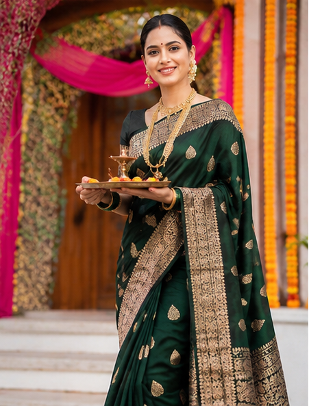 Samruddhi Collection Dark Green Banarasi Silk Saree with Rich Zari Border Only Rs. 799/- - Image 7