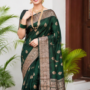 Samruddhi Collection Dark Green Banarasi Silk Saree with Rich Zari Border Only Rs. 799/-