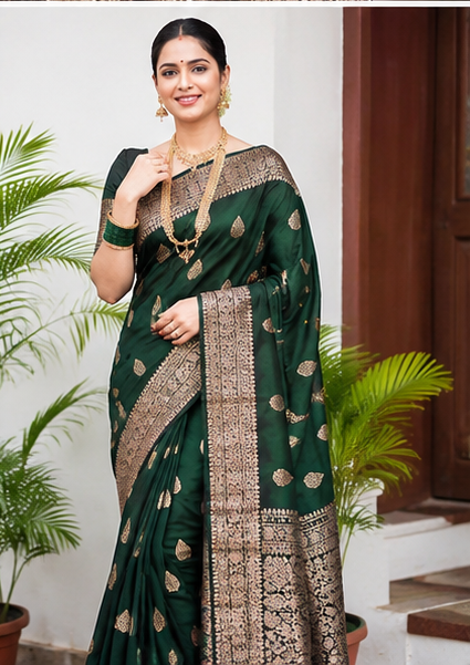 Samruddhi Collection Dark Green Banarasi Silk Saree with Rich Zari Border Only Rs. 799/-