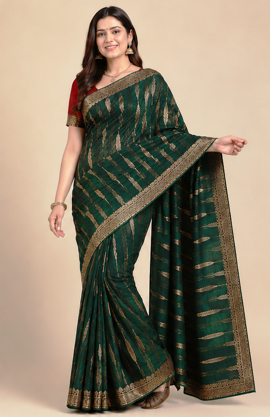 Green Silk Saree with Rich Gold Zari Border & Traditional Leaf Motif Design Saree Only Rs. 549/- - Image 3