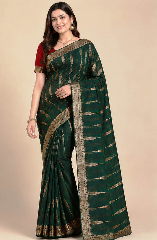 Green Silk Saree with Rich Gold Zari Border & Traditional Leaf Motif Design Saree Only Rs. 549/- - Image 4