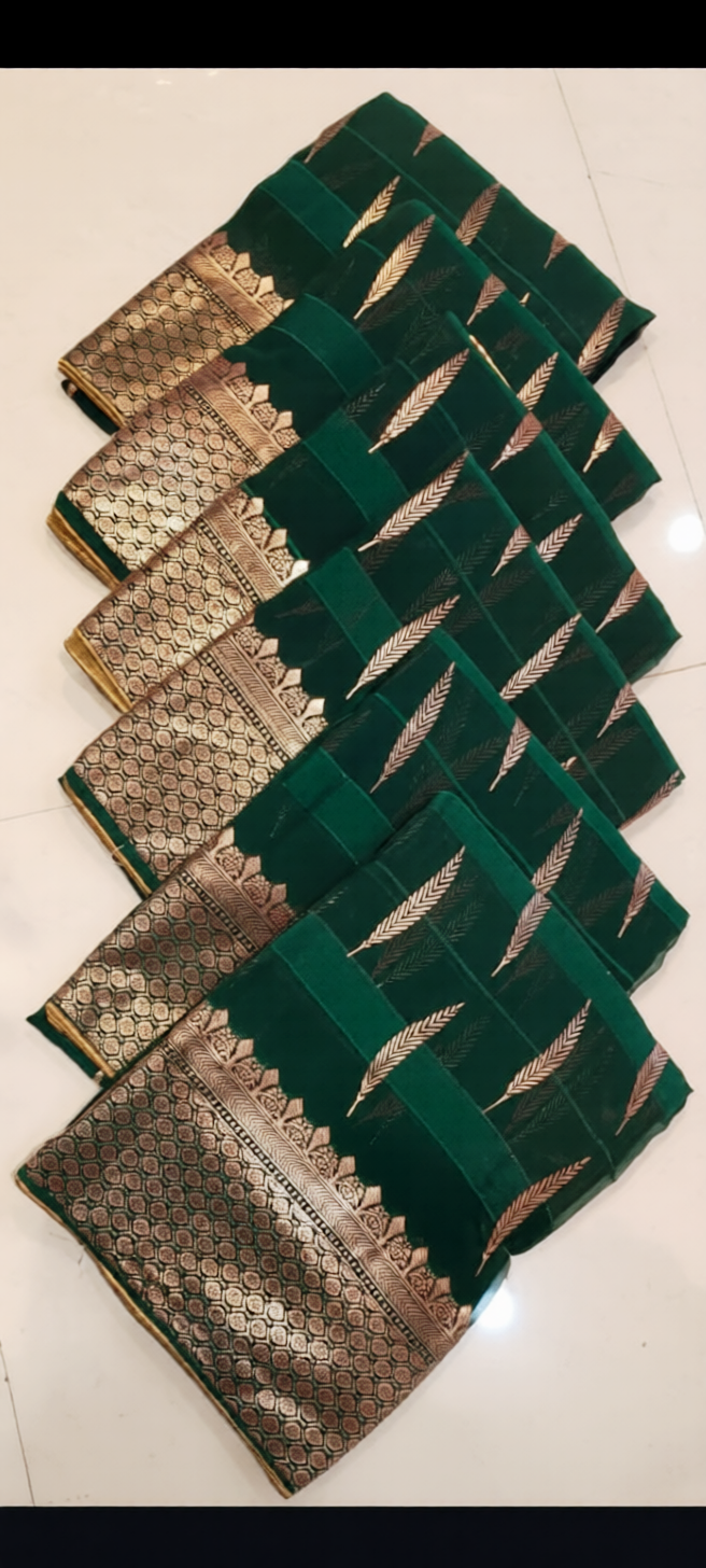 Green Silk Saree with Rich Gold Zari Border & Traditional Leaf Motif Design Saree Only Rs. 549/- - Image 6