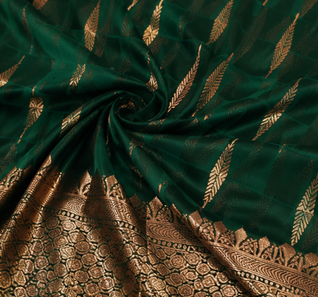 Green Silk Saree with Rich Gold Zari Border & Traditional Leaf Motif Design Saree Only Rs. 549/- - Image 7